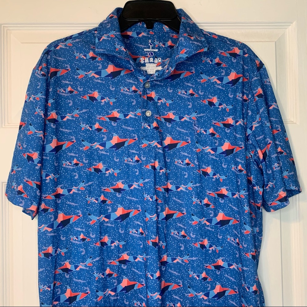 Tailorbyrd Men Golf Polo Shirt Blue Sharks Short Sleeve Size L Performance Slim